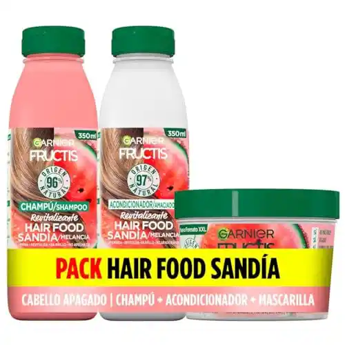 Garnier Fructis Pack Hair Food Sandía con Champú, Acondicionador y Mascarilla para Cabello Apagado y Sin Vida, Limpia, Desenreda y Nutre