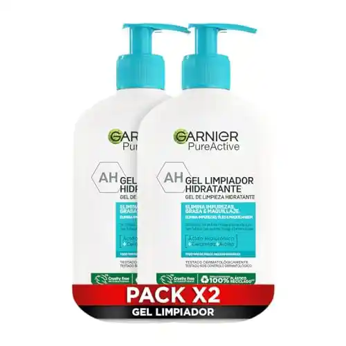 Garnier Pure Active Pack x2 Gel limpiador Hidratante con Ácido Hialurónico, Ceramida y Arcilla, Elimina Impurezas, Grasa y Maquillaje, 2 x 250ml