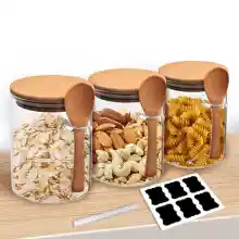 Gigmeta Juego de 3 tarros de cristal con tapa y cuchara de 540 ml con tapa de bambú, para cocina, herméticos, tarros de especias, yogur