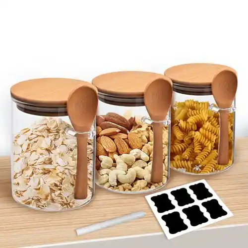 Gigmeta Juego de 3 tarros de cristal con tapa y cuchara de 540 ml con tapa de bambú, para cocina, herméticos, tarros de especias, yogur