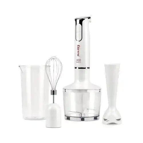 Batidora de mano 3 en 1, 400 W, motor CC, 2 velocidades, cuchillas de acero inoxidable, vaso medidor de 700 ml, color blanco
