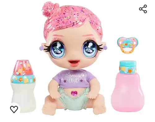 Glitter Babyz, MGA'S Marina Finley, Muñeca con 3 Cambios de Color, Traje de Sirena, Pañal, Biberón y Accesorios, Edad a Partir de 3 años, Marina Finley