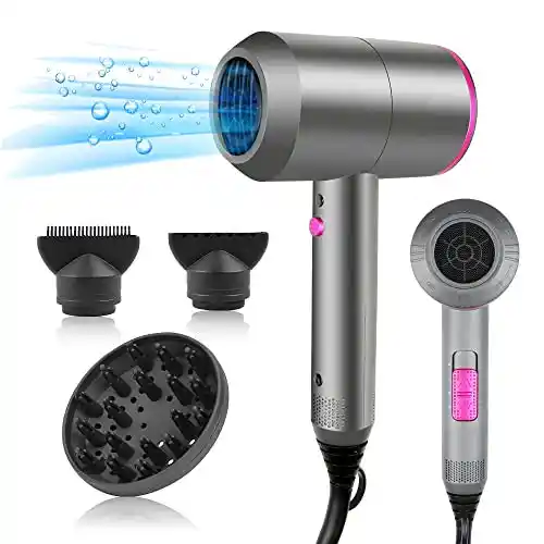 HappyGoo Secador de pelo iones, Secadores de pelo profesional iónico, con boquilla de cabeza de soplado, Hair Dryer nocturna negativos portátil de 3 temperaturas (frío y caliente) (Gris)