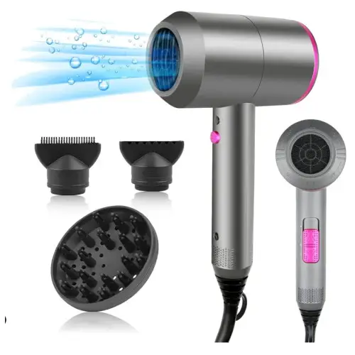 HappyGoo Secador de pelo iones, Secadores de pelo profesional iónico, con boquilla de cabeza de soplado, Hair Dryer nocturna negativos portátil de 3 temperaturas (frío y caliente) (Gris)