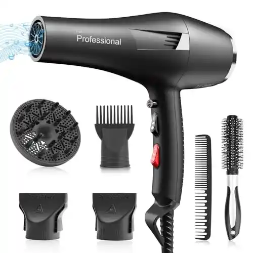 Happygoo Secador Pelo Profesional Iónico, Secadores de Pelo Motor AC 3 Temperaturas 2 Velocidades, Botón Aire Frío, 2 Concentradores y 1 Difusor 2,5 Metros de Cable, Nocturna Rápido Secado Cabello