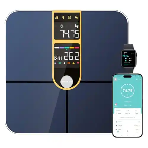 Healthkeep - Báscula de mano con 2 pantallas VA y tecnología de recubrimiento ITO, 16 datos corporales con frecuencia cardíaca APP para Andriod e iOS 180kg/400lb, color dorado