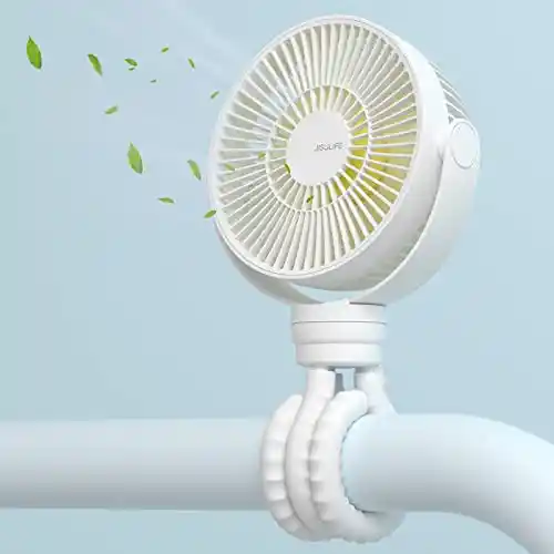 JISULIFE Ventilador Personal Portátil para Cochecito, Trípode Flexible【4000 mAh】 Ventilador de Mano a Pilas, Giratorio de 720°, con 4 Velocidades, Para Cunas y Asientos -Blanco
