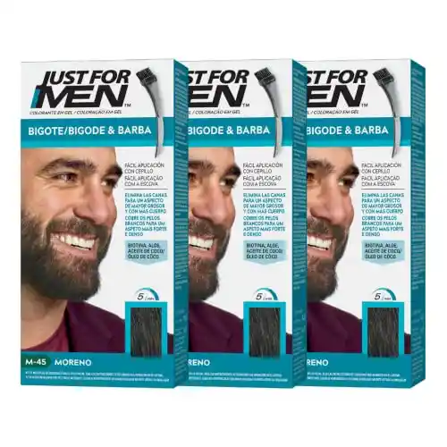 (3 Pack) Just For Men Tinte Para Bigote y Barba, Elimina Las Canas Para Una Apariencia Más Espesa Y Completa, Con Pincel Aplicador Incluido, Color Moreno