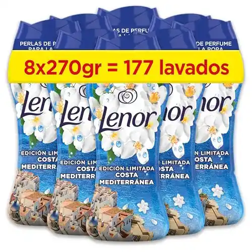 Lenor Perlas De Perfume para la Ropa, 177 Lavados (8 x 270g), Brisa Marina Y Jazmín, Edición Limitada Costa Mediterránea, Frescor Ininterrumpido Hasta 12 Semanas