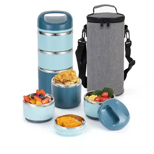 Caja de bento aislada sin fugas para fugas para preparación de comidas sobre la marcha, contenedor de alimentos apilable (Azul)