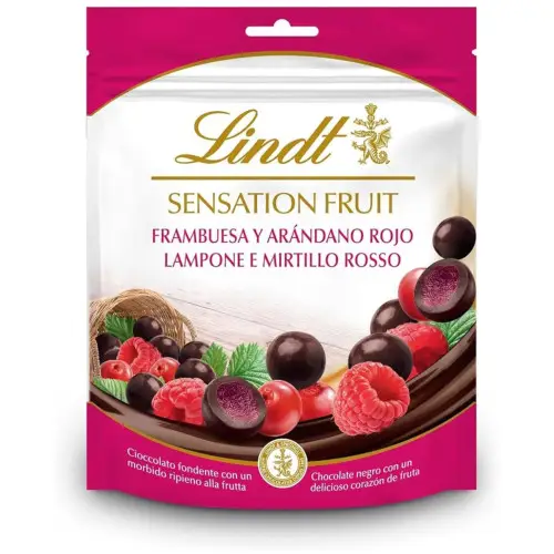 Lindt Sensation Fruit - Bolitas de Chocolate Negro con Frambuesa y Arándano Rojo, bolitas de chocolate con interior de fruta, 150gr