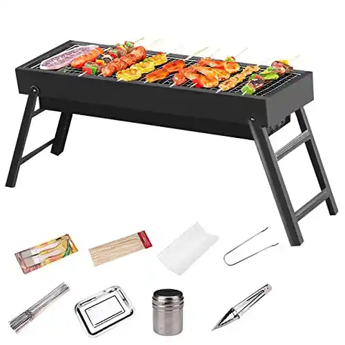 Lixiin Barbacoa de Carbón Vegetal para Camping, Barbacoas Portátiles, 60x23x34 cm,Con 8pcs/set BBQ Accesorios para 5-8 Personas, Parrillas de Carbón, para Jardín, Picnic, Camping