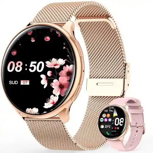 Loekneue Reloj Inteligente Mujer con Llamadas 1,39'' HD Smartwatch con SpO2/Ciclo menstrual/Fitness/IP67Impermeable/Monitor del sueño/120+Modos Deportivos Watch iOS Android (Oro Rosa)