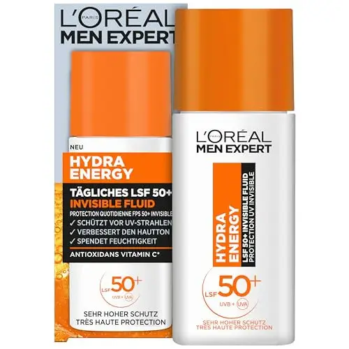 L'Oréal Men Expert Protección solar UV SPF 50 para hombres, líquido invisible para la cara contra los rayos del sol, protector solar SPF 50+ contra el envejecimiento con vitamina C, Hydra Energy, 1 x