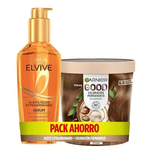 Lote de GARNIER GOOD Coloración Permanente 6.0 Castaño Mocaccino + L'Oréal Paris Elvive Aceite Extraordinario, 100 ml