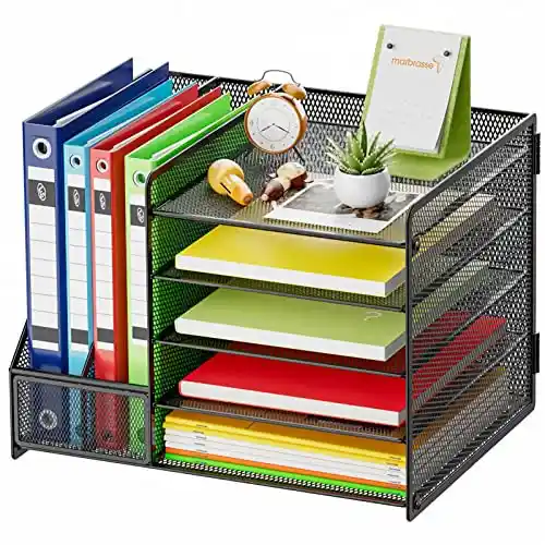 Marbrasse Organizador Escritorio,5 Niveles Organizador de Bandeja de Papel Malla,Organizador de Escritorio Almacenamiento para Hogar Oficina Escuela(Negro Sin Cajón)