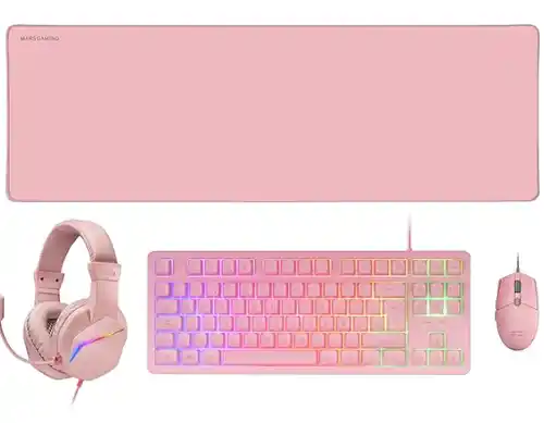 Pack Gaming Teclado Fixed RGB + Ratón Gaming RGB Flow 3200 dpi + Auriculares Over-Ear RGB + Alfombrilla XXL, Rosa, Idioma Español