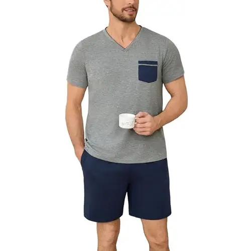 Pijama Hombre Verano Algodón Conjunto Cuello en V Manga Cortas Tops con Bolsillo en el Pecho