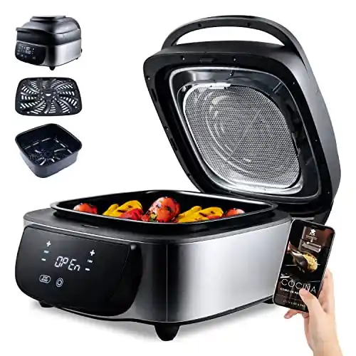 MasterPRO Airchef 5 in 1 – Freidora de Aire y Parrilla Sin Humo de Interior de 1800 W y 7 Litros Cap – Asar, Hornear y Más - Robot de Cocina, Grill Sin Humo y Air Fryer – Piezas Aptas Lavavajillas