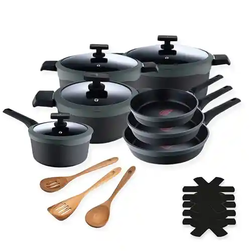 MasterPRO Gastro Reeco | Batería de Cocina en Aluminio Fundido | 3 sartenes de 28, 24 y 20 cm | 4 Cacerolas con Tapa | Utensilios d Madera | 5 Protectores | Juego Completo, Resistente y Versatil