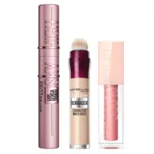 MAYBELLINE New York | Pack Rutina con nuestros favoritos, con la máscara de pestañas Sky High, el borrador corrector multiusos, en Tono Light, y el labial Lifter Gloss, en tono Moon | Miravia