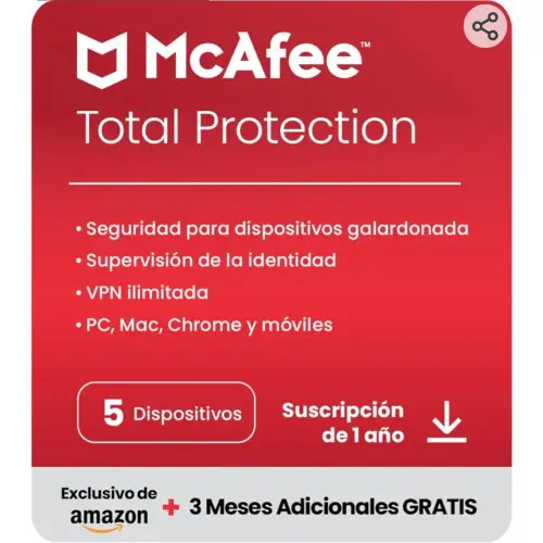 15 meses McAfee Total Protection 2024 Exclusivo de Amazon, 5 dispositivos | Antivirus, VPN, seguridad móvil y de Internet |