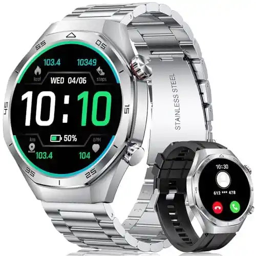 MEGALITH Reloj Inteligente Hombre Llamadas: 1.52" TFT Bluetooth Podometro Compatible Android iOS - Arterial Presion Deportivo Smartwatch Plateado