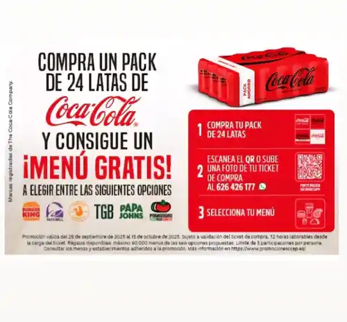 Menú gratis en Burger King, Taco Bell, Papa Johns, Pomodoro o TGB al comprar 24 latas de Coca-Cola