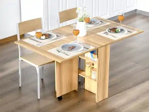 Mesa comedor Plegable con Ruedas Mesa de Cocina Extensible para Espacio Pequeño con 2 Alas Abatibles y Estantes 140x80x74 cm Madera Natural