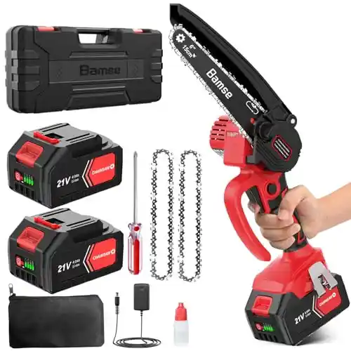 Mini Motosierra a batería con 2 baterías y extras incluidos.