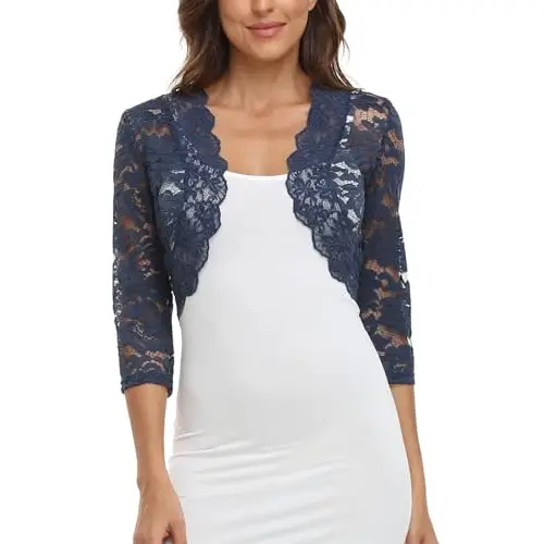MISS MOLY Mujer Bolero Encaje Chaqueta Festiva Corto Cardigan Manga 3/4 Cardigan Para Boda Vestido de Cóctel, azul, 48