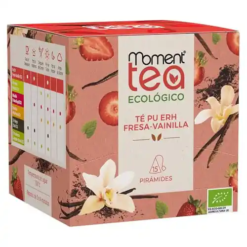 Moment Tea- Té Pu Erh Fresa-Vainilla Ecológico estuche de 15 pirámides de 2g