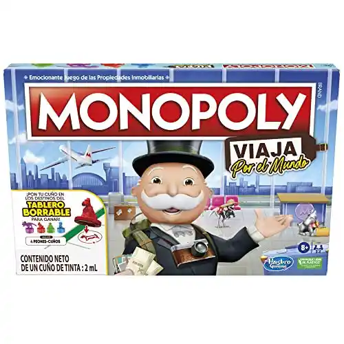 Monopoly Viaja por el Mundo - Juego de Mesa para Toda la Familia y niños a Partir de 8 años - Incluye peones-cuños y Tablero de borrado en seco