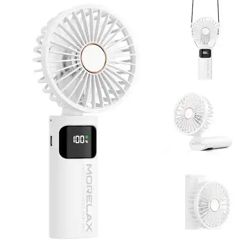 Morelax Ventilador de Mano, Mini Ventiladors Portátil, 5200mAh Recargable, Bolsillo Pequeño Ventilador Con 6 Niveles de Velocidad, USB, Plegable 180° para Casa, Oficina, Escuela, Exterior,Blanco