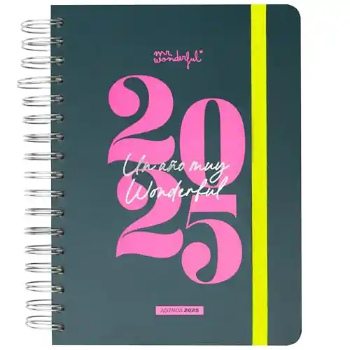 Mr. Wonderful - Agenda Office 2025 Diaria - Un año muy wonderful - Incluye 8 Hojas de Pegatinas y Bloc de Notas Adhesivas con Formas