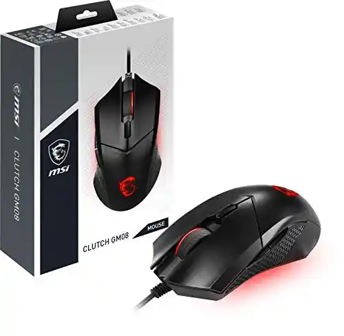 MSI Clutch GM08 – Ratón Gaming con Sensor Óptico 4200 dpi, Ajuste de Peso, RGB Rojo, 6 Botones Programables, Diseño Ergonómico Ambidiestro