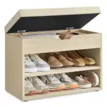 Mueble zapatero con asiento acolchado y 3 compartimentos.