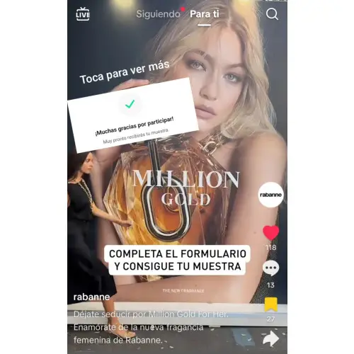 Muestra GRATIS a casa del perfume Million Gold de Rabanne (No hay link directo)
