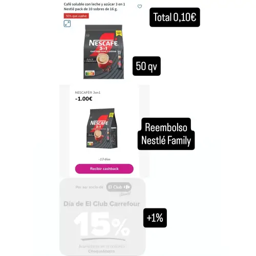 Nescafe 3 en 1 por 0,10€ solo hoy en Carrefour con Nestlé