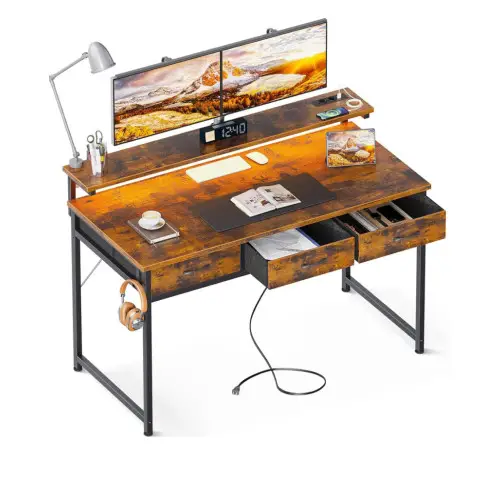 ODK Escritorio con 3 Cajones, Mesa Gaming con LED, Mesa de Escritorio con Tomas de Corriente y 2 Tomas de Carga USB, Mesa de Ordenador con Soporte de Pantalla para Dormitorio (Marrón, 120x50x92.7cm)