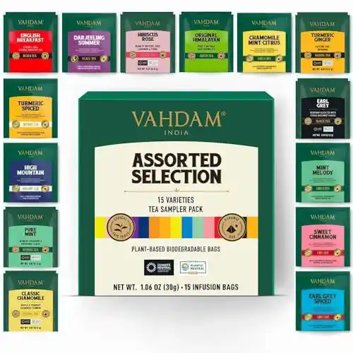 VAHDAM, Caja De Té Surtido (15 Sabores, 15 Bolsas) Caja De Té De Infusión Con Té Negro, Té Verde, Té Oolong, Té Chai Y Té De Hierbas | Cajas De Regalo De Té Para Mujeres Y Hombres