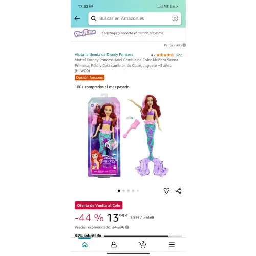 Oferta: Mattel Disney Princess Ariel Cambia de Color Muñeca Sirena Princesa, Pelo y Cola cambian de Color, Juguete +3 años (HLW00)