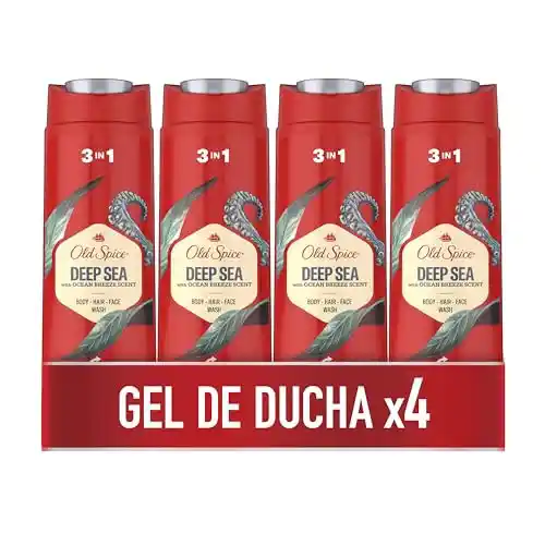 Old Spice Deep Sea Gel De Ducha Y Champú Para Hombres 4x400ml, Gel Para Cara, Cuerpo Y Pelo 3 En 1 Multiusos, Frescura Duradera, Fragancia Excepcional, Limpieza Profunda
