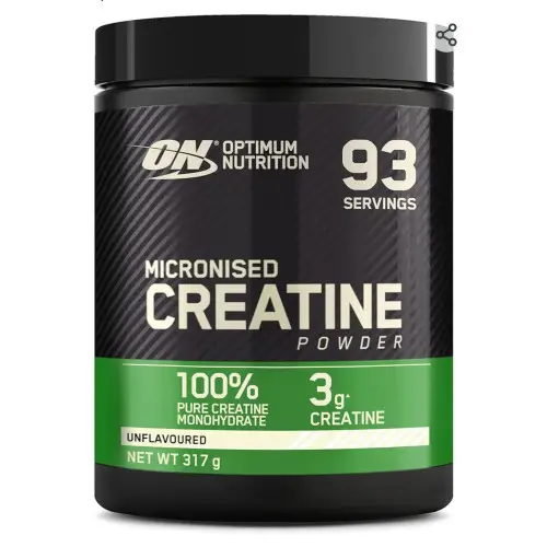 OPTIMUM NUTRITION Creatina en Polvo Micronizada, Polvo de Monohidrato de Creatina 100 % Puro para Rendimiento y Potencia Muscular, Sin Sabor, 93 Porciones, 317 g