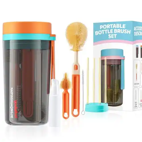 Orzbow Set Limpia Biberones Cepillo Viaje,Multifuncional Limpiador Biberones con Cepillo para Pezones y Pajitas,Dispensador de Limpiador,Escurre Biberones,Sin BPA Limpia Botellas por Dentro,Naranja