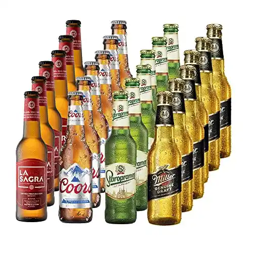 Pack de 24 Cerveza Lagers del Mundo (Coors, Staropramen, Miller y La Sagra) -  Botellas de 330 ml - Total: 7920 ml