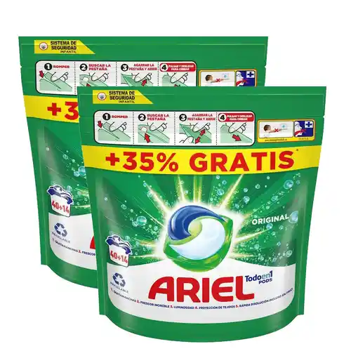 Pack de ARIEL All-in-1: 2 Bolsas de Detergente con 40+14 Pods (Total: 108 Lavados)