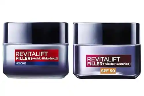 Pack L'Oreal Paris Dermo Expertise Crema rellenadora intensiva con Ácido Hialurónico y SPF 50, 50 ml + L'Oréal Paris Revitalift Filler Crema de Noche Revitalizante, Antiarrugas y Volumen, 50 ml