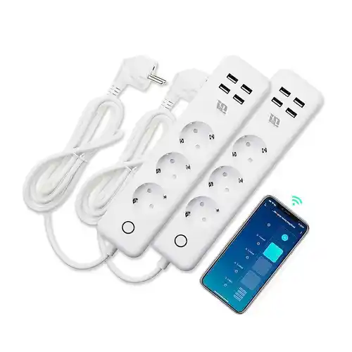 Pack x 2 Regleta Inteligente WIFI Base enchufes múltiple con 3 tomas Schuko + Cargador 4 USB Wifi y Monitor de consumo Control por Alexa y Google Cable 1,5m