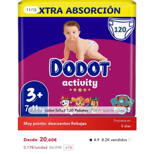 Pañales Dodot talla 3 (A 0,17€ el pañal)